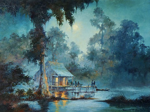 Bayou Shack by Moonlight by Robert Rucker (1932-2001)